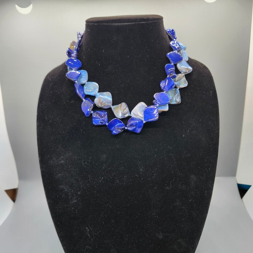 Multi-Strand Blue Shell Statement Bib Necklace Adjustable Lobster‎ Clasp